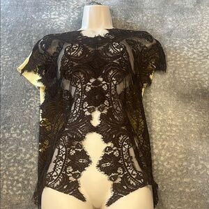 MICHELLE MASON SILK LACE TOP SIZE 6 BROWN & YELLOW